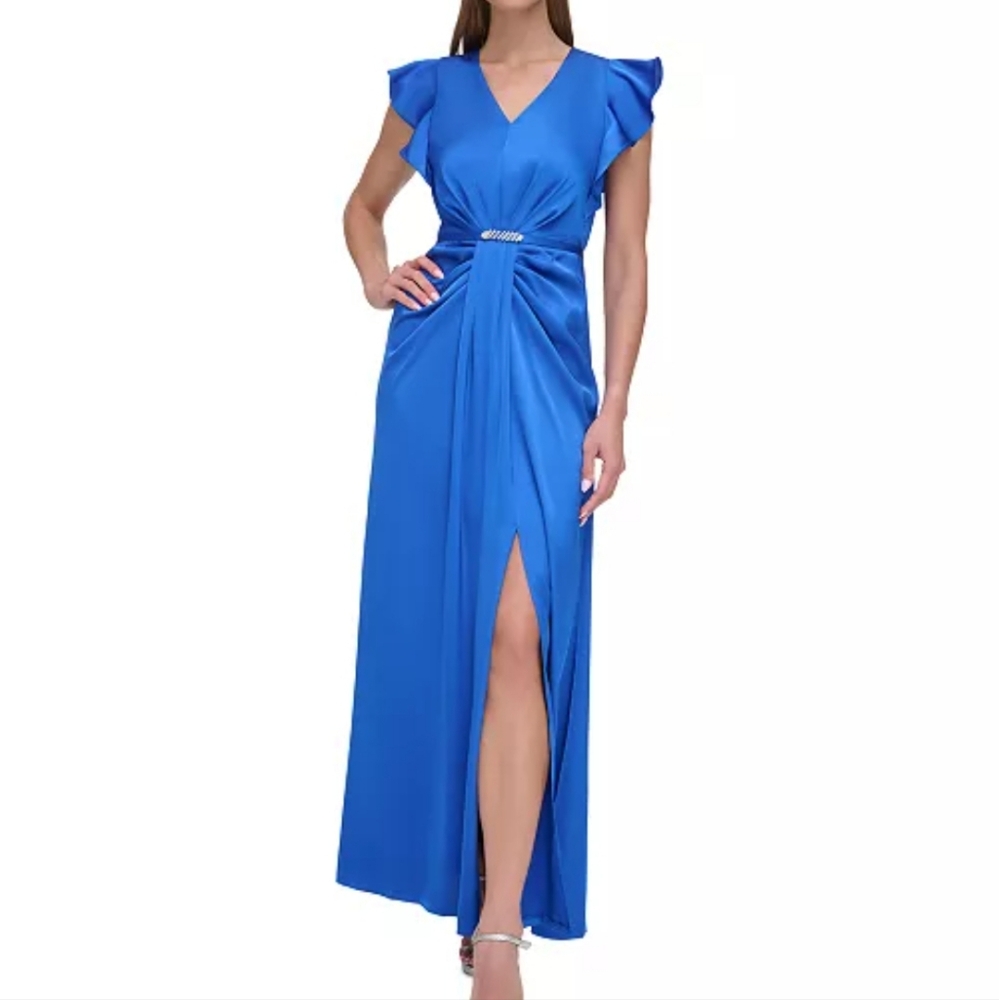 Womans Charmeuse V Neck Draped Satin Gown